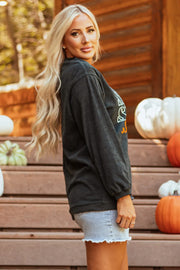 Dark gray corduroy sweatshirt with "Pumpkin Spice" graphic on chest, crew neck, long sleeves.