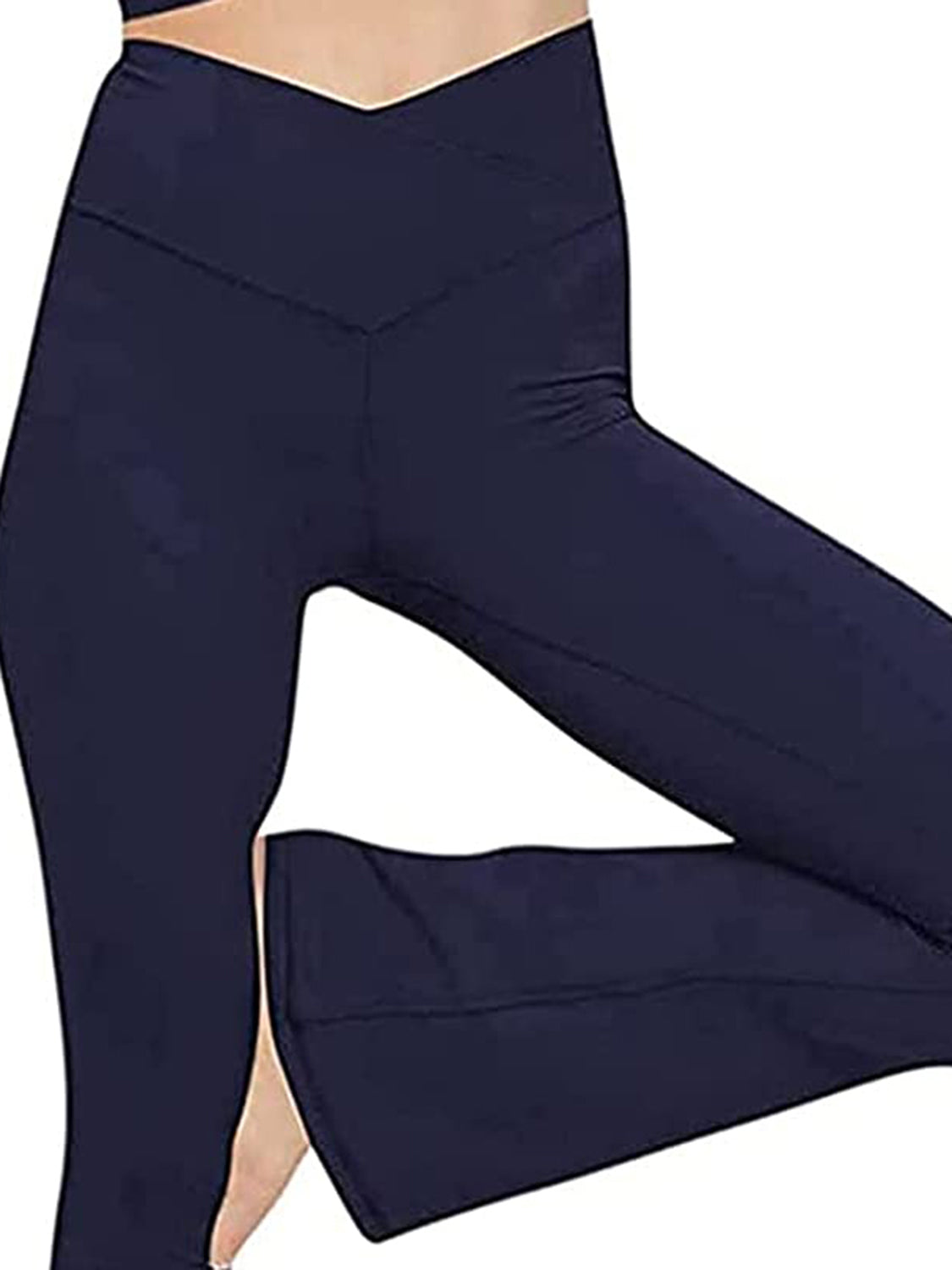 Dark Navy V-waist flare leg activewear pants with a subtle split hem detail.