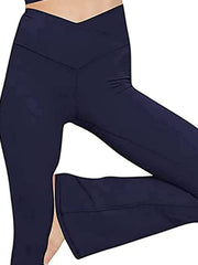 Dark Navy V-waist flare leg activewear pants with a subtle split hem detail.
