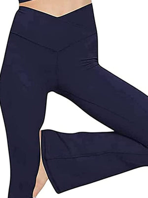 Dark Navy V-waist flare leg activewear pants with a subtle split hem detail.