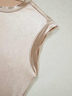 Champagne metallic sleeveless tank top with satin trim detail.