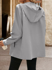 Gray zip-through hooded jacket with black trim pocket detail