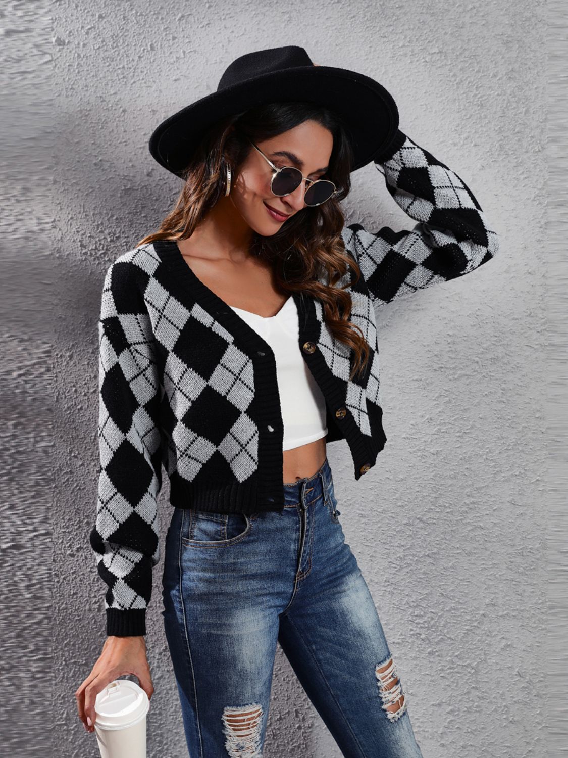 Argyle cropped cardigan in black and grey with button front and v-neck