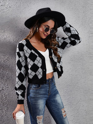 Argyle cropped cardigan in black and grey with button front and v-neck