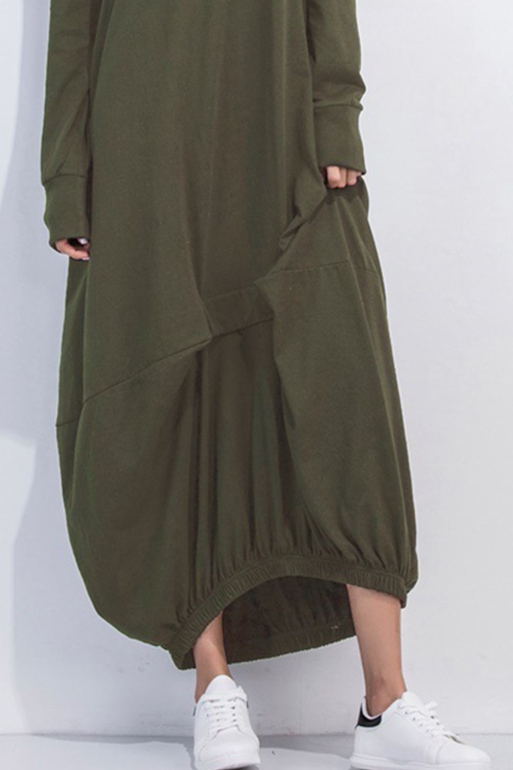 Matcha green balloon hem maxi dress with long sleeves and pockets.