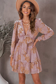 Tie-front prairie floral mini dress in Light Mauve with smocked waist and tiered ruffle hem.