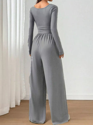 Ruched Square Neck Wide-leg Jumpsuit in Brown, product detail