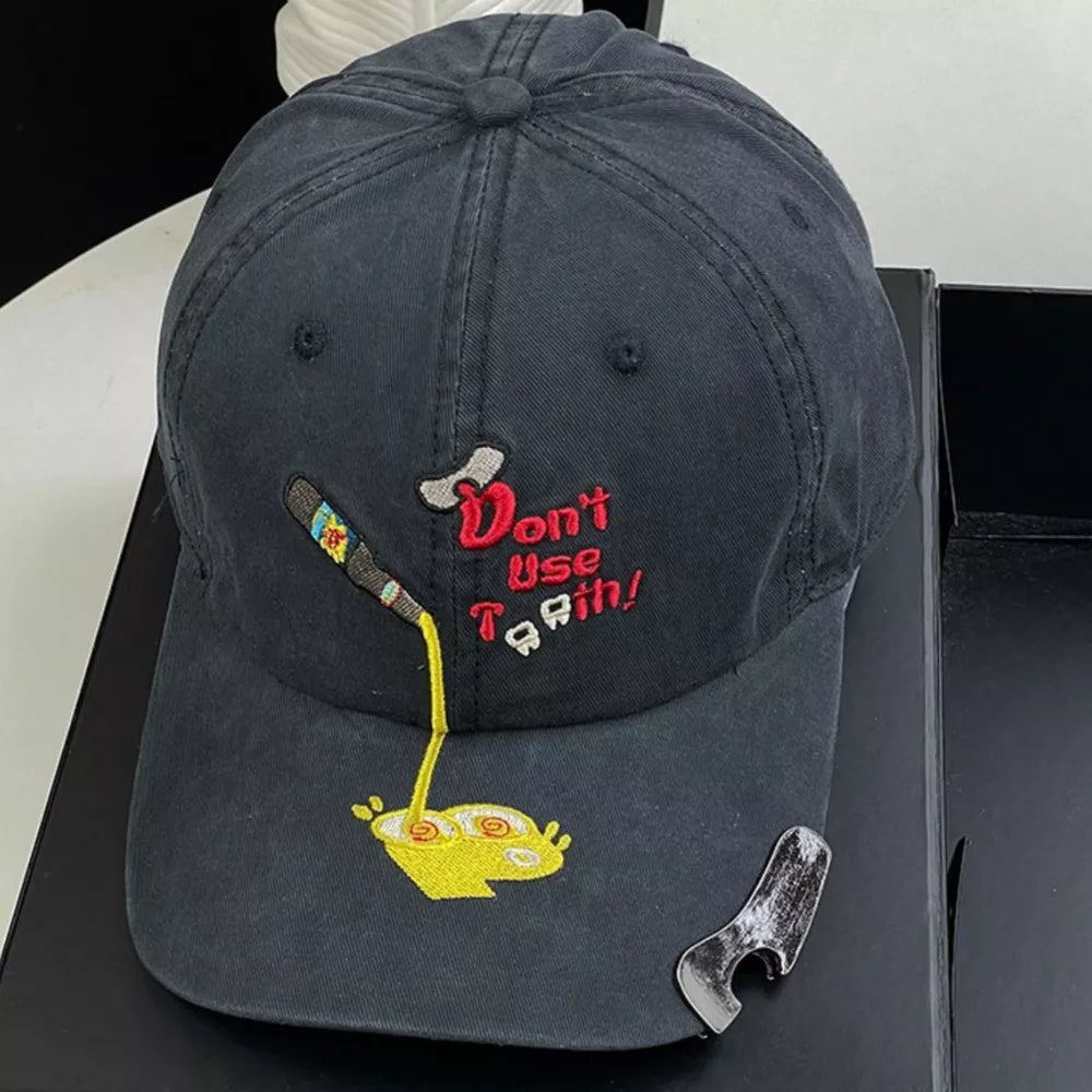 Dark Gray baseball hat with embroidered cartoon and text detail.