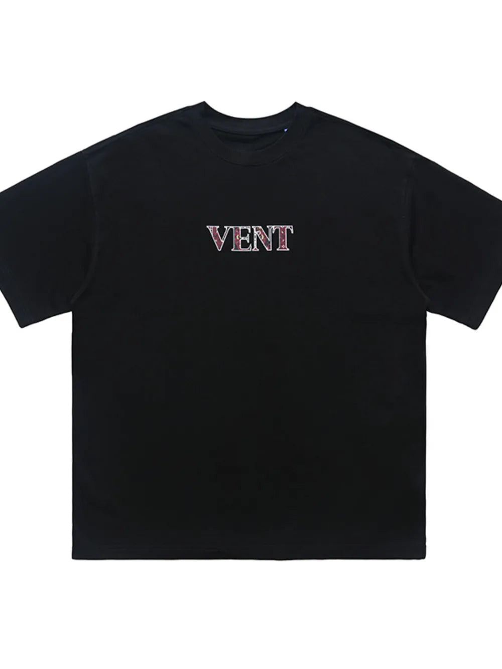 Black cotton crew neck t-shirt with embroidered VENT logo detail.