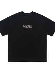 Black cotton crew neck t-shirt with embroidered VENT logo detail.