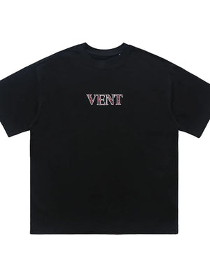 Black cotton crew neck t-shirt with embroidered VENT logo detail.