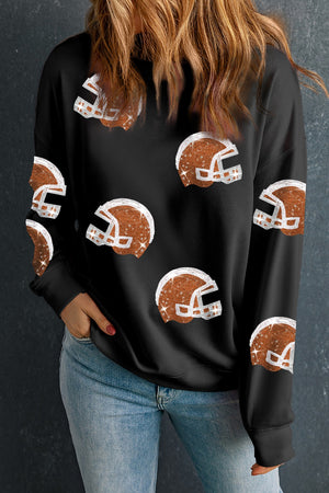 Black crewneck sweatshirt with allover sequin football helmet print.