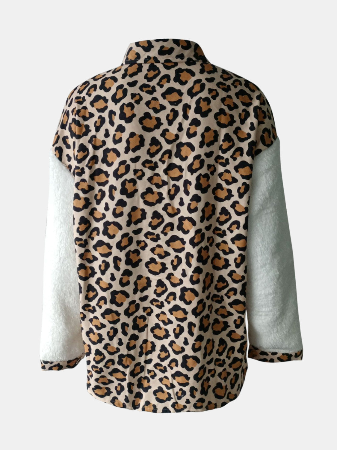 Plaid & Sherpa Hybrid Shacket in Leopard with cream sherpa sleeves.