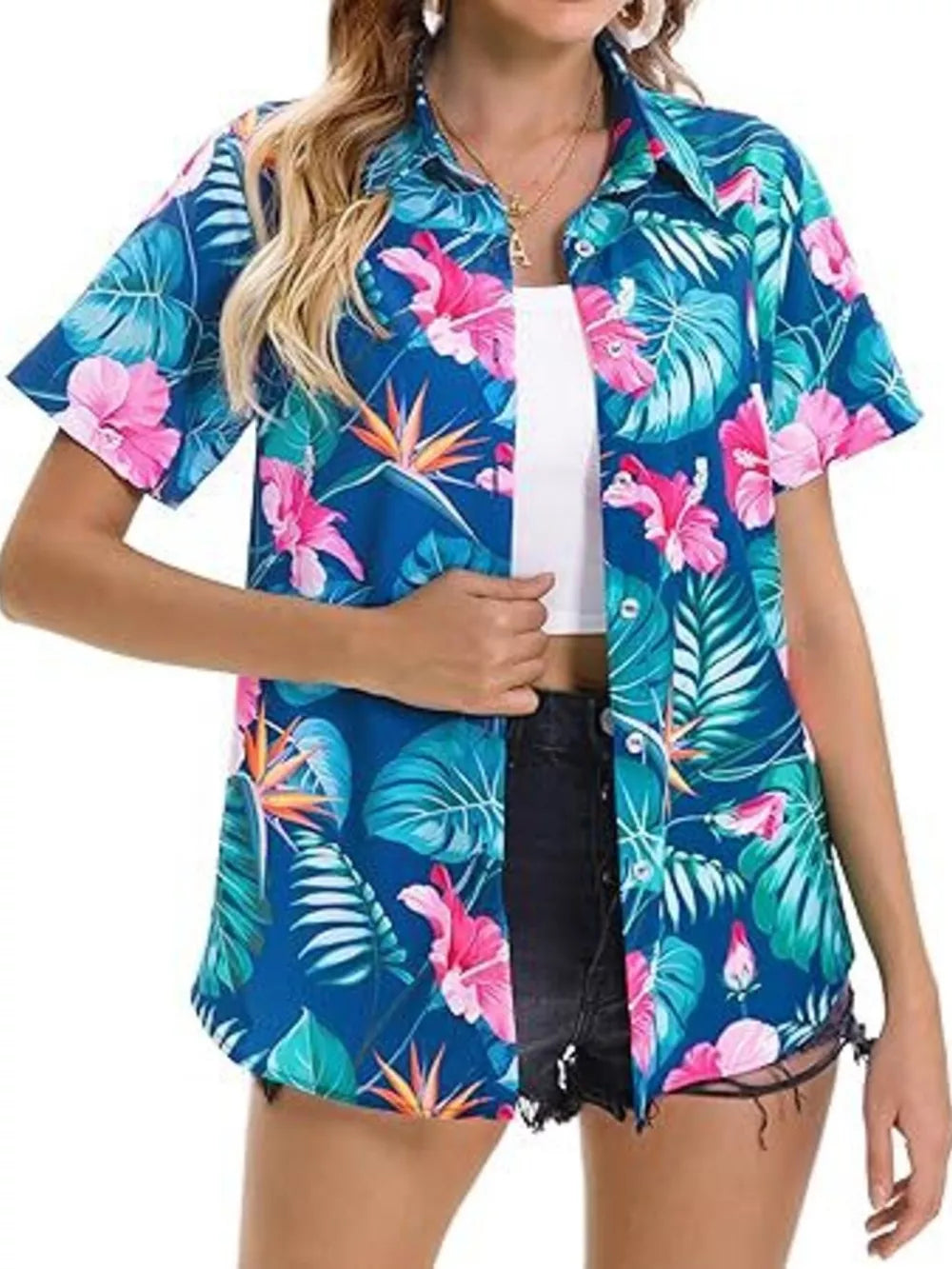 Blue button-up shirt with tropical hibiscus and leaf print, short sleeves, open collar.