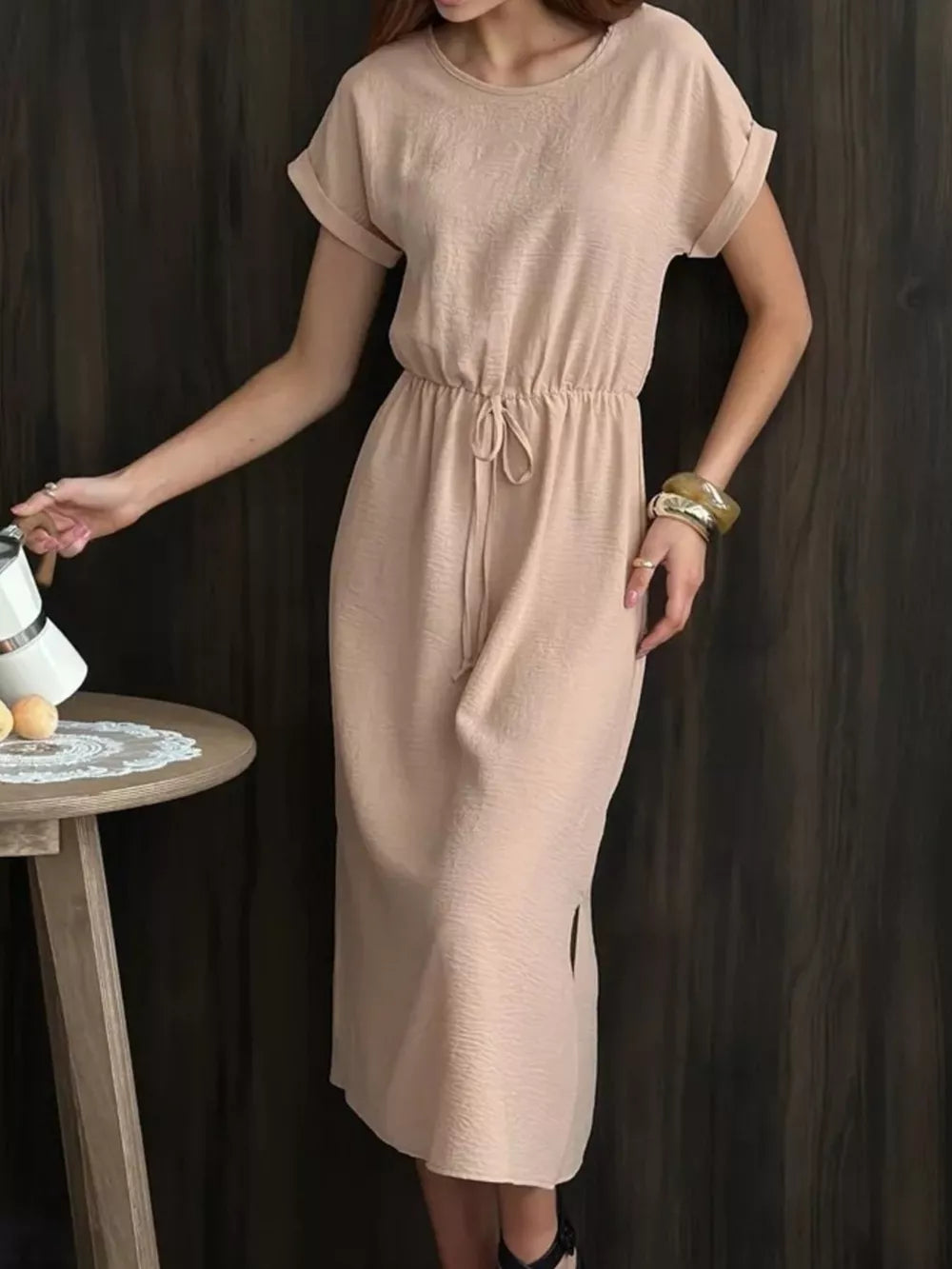 Casual Drawstring Waist Midi Dress in Deep Rose, front view