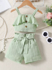 Light Green ruffled ribbed two-piece toddler set with buttoned crop top and belted shorts.