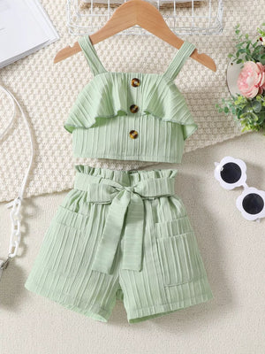 Light Green ruffled ribbed two-piece toddler set with buttoned crop top and belted shorts.