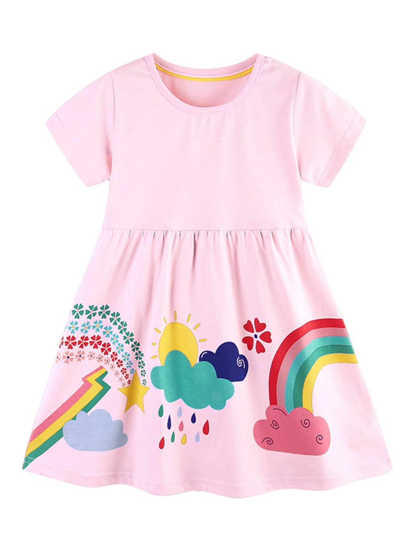 Pink cotton toddler dress with rainbow, sun, clouds, and lightning print.