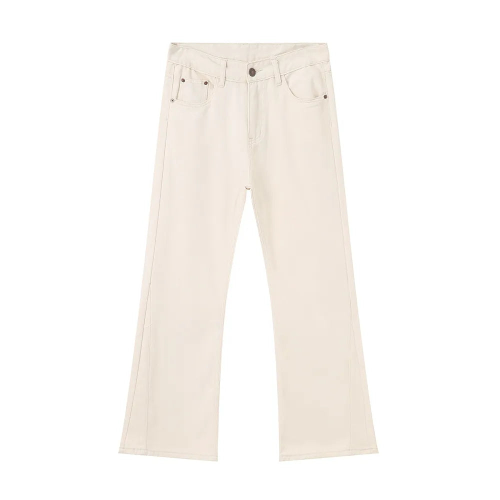Wide-leg beige denim trousers with a casual fit.