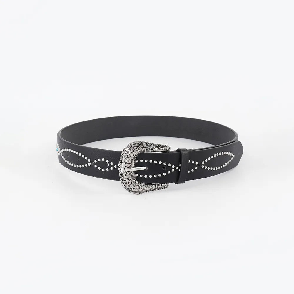 Black faux leather belt with silver studs and antique buckle detail
