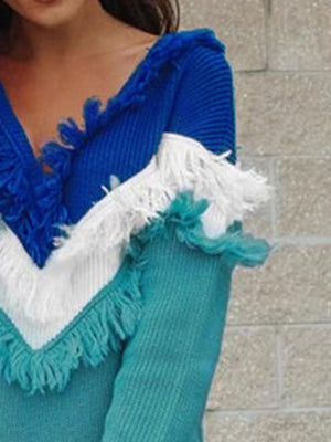 Turquoise V-neck knit dress with white and blue fringe details