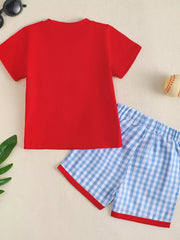 Red baseball tee and blue gingham shorts set with red trim, cotton.