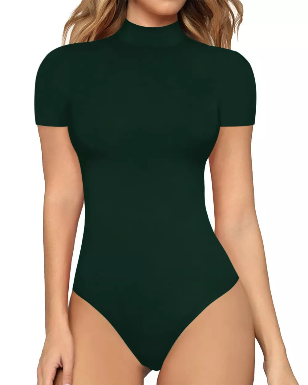 Dark green mock neck short sleeve bodysuit with a form-fitting cut.
