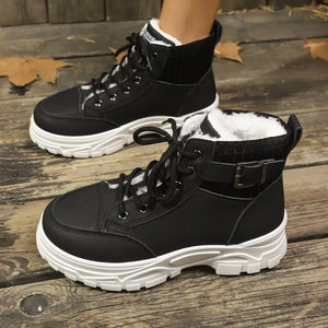 Black lace-up boots with plush lining and buckle accent.