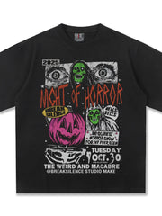 Black cotton t-shirt with vintage horror graphic featuring skulls, eyes, and a pumpkin.