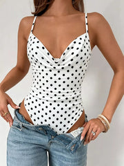 Polka Dot Cowl Neck Spaghetti Strap Bodysuit in White, front view