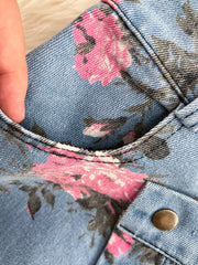 Denim cami and skirt set with pink floral print, sweetheart neckline detail, and button closure.