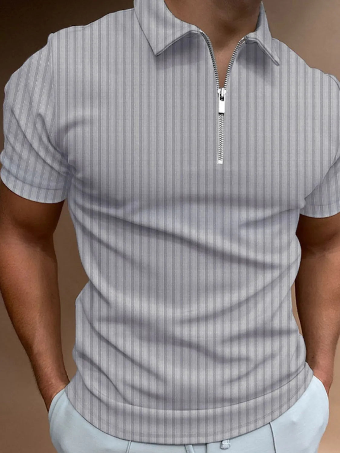 Gray ribbed zip-neck polo shirt with vertical stripe pattern