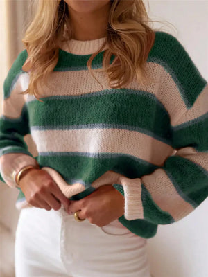 Vibrant striped knit sweater in army green and cream with a relaxed fit and crew neck.
