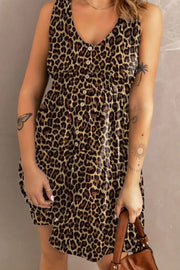 Sleeveless leopard print midi dress with button-down front and elastic waist