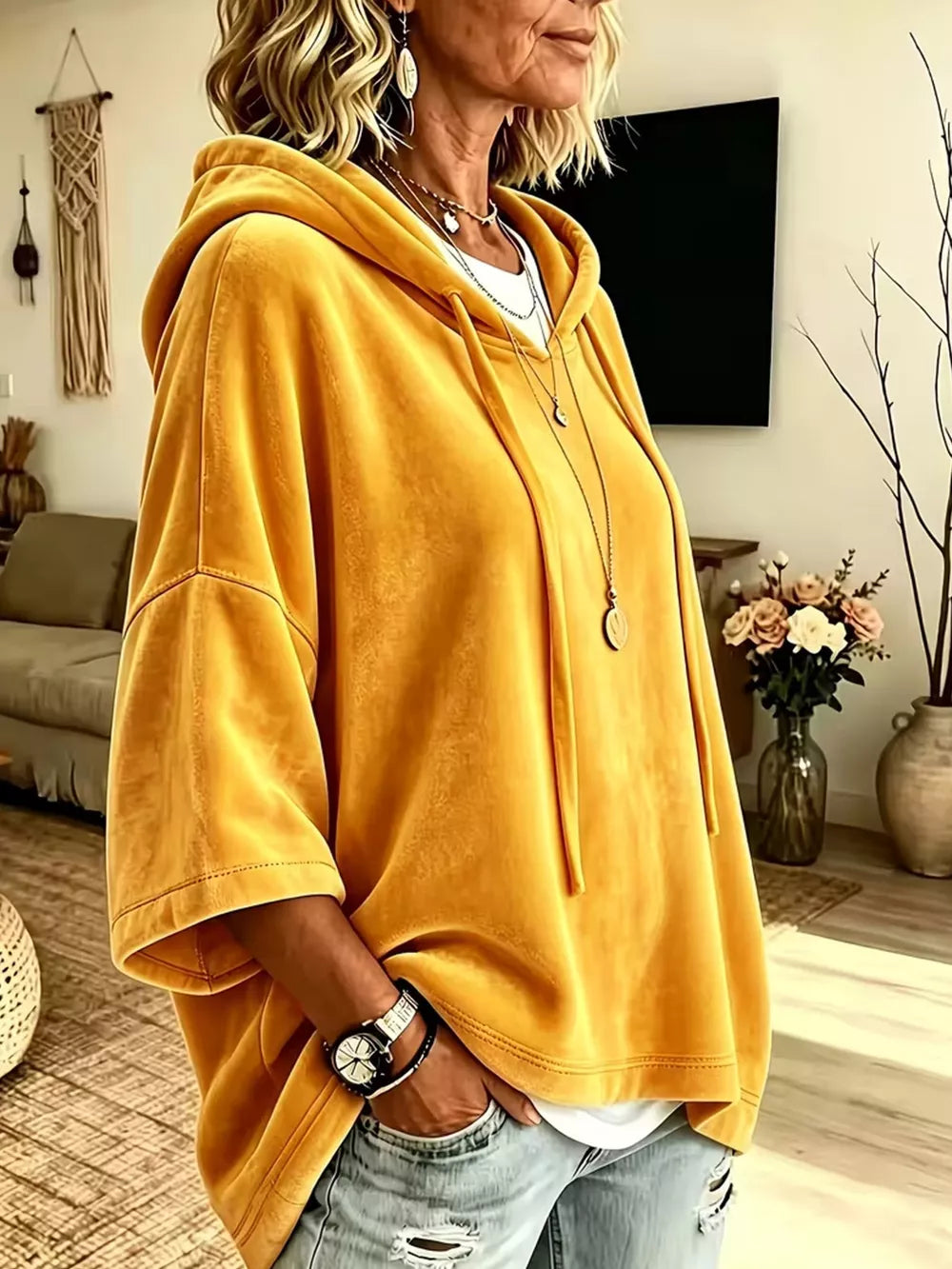 Velvet Loose Fit Hoodie With Drawstring in Khaki, back view