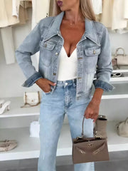 Full Size Chic Cropped Denim Jacket in Light Blue, close-up detail
