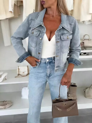Full Size Chic Cropped Denim Jacket in Light Blue, close-up detail