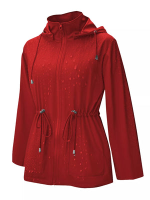 Red waterproof hooded zip-up jacket with drawstring waist and water droplets.