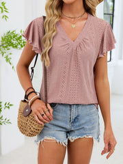 Skin Powder flutter sleeve ruched t-shirt with eyelet detail and V-neck