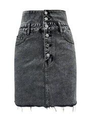 Dark gray acid wash denim mini skirt with button front and raw hem
