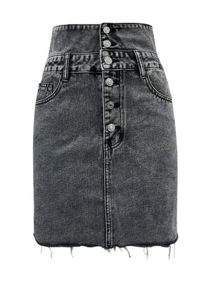 Dark gray acid wash denim mini skirt with button front and raw hem