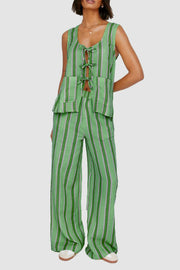 Green striped linen co-ord set with a sleeveless tie-front top and wide-leg pants.