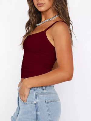 Burgundy ribbed cami with spaghetti straps and a square neckline.