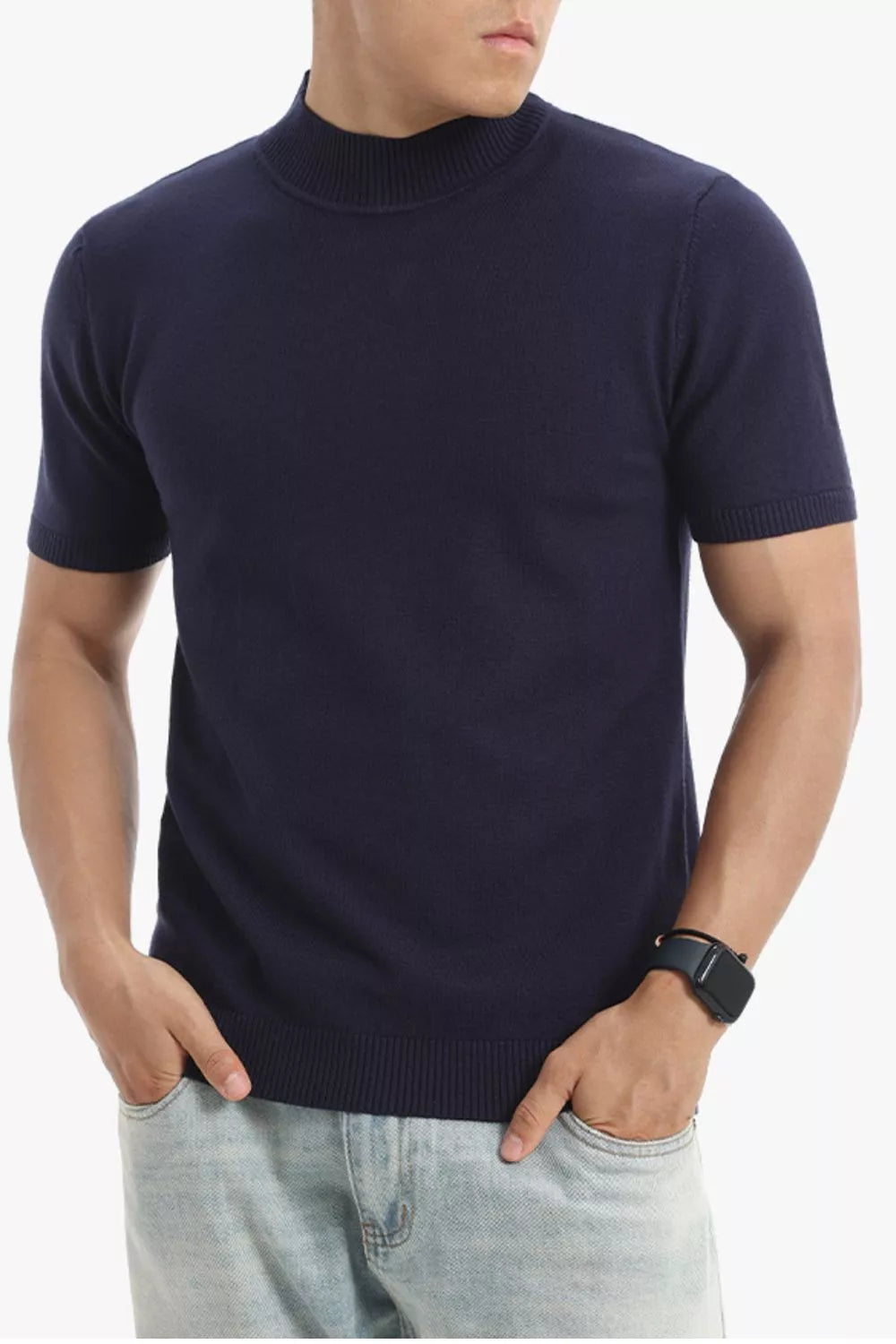 Dark navy mock neck slim fit knit top with short sleeves and ribbed hem.