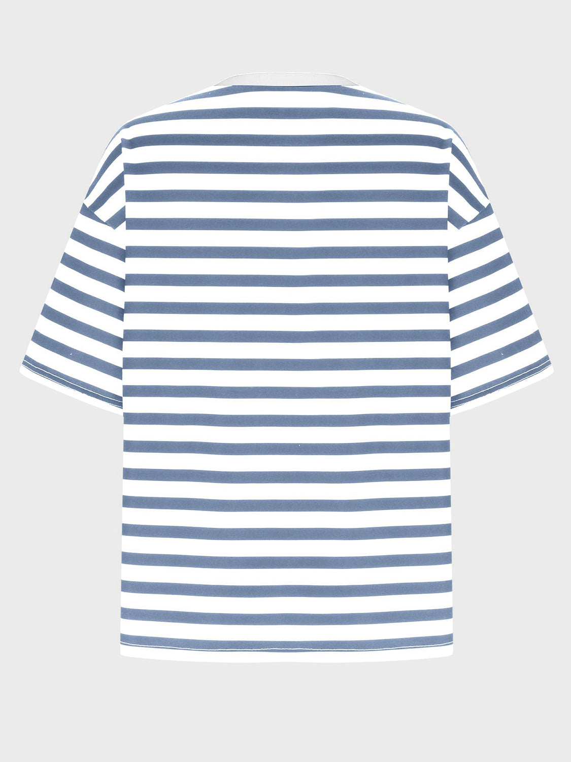Oversized striped tee with dropped sleeves in Dusty Blue and white horizontal stripes.