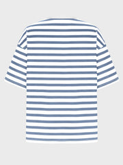 Oversized striped tee with dropped sleeves in Dusty Blue and white horizontal stripes.