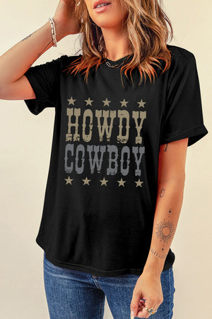 Black t-shirt with distressed "Howdy Cowboy" graphic and stars.