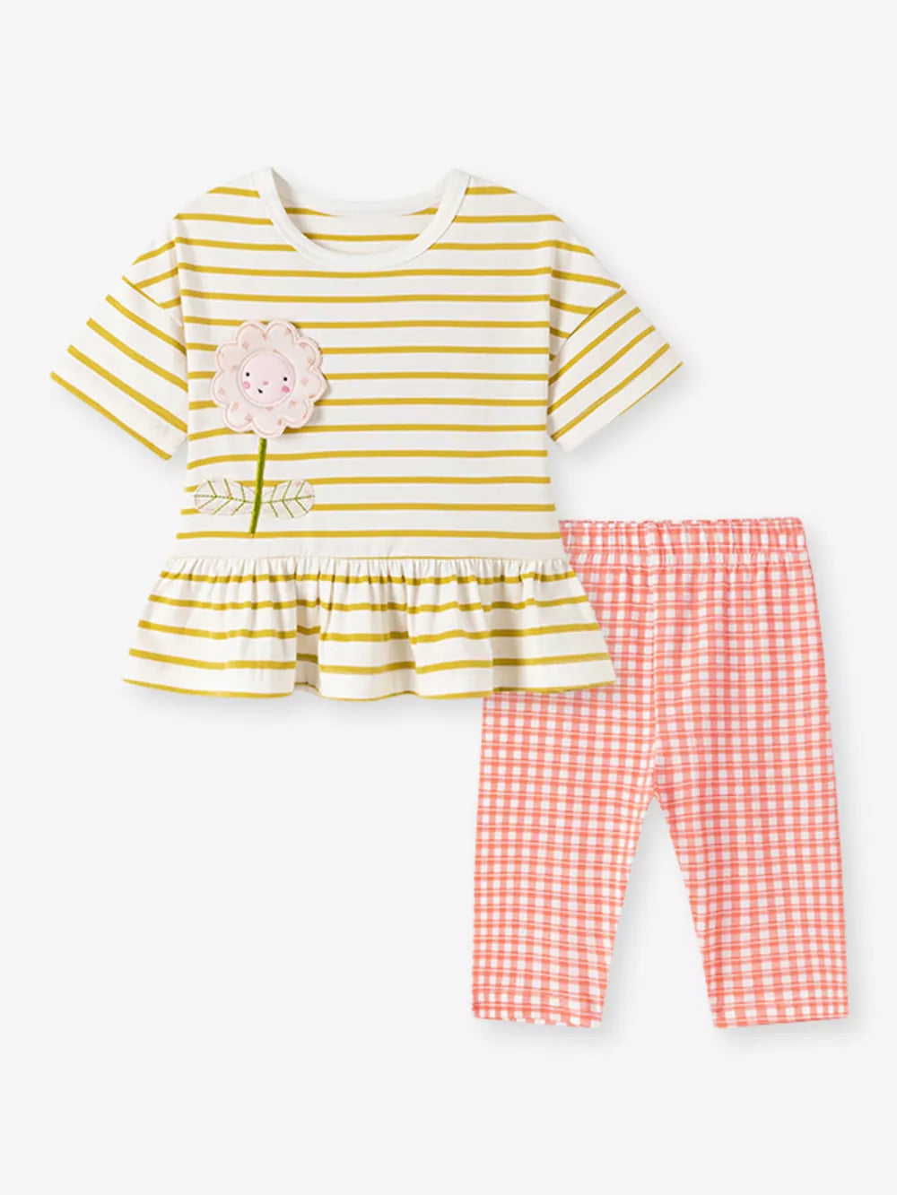 Baby girls' striped peplum top with flower applique and pink gingham capri pants.