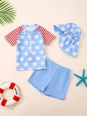 Children's Patriotic Star Print Swim Set With Hat, front view