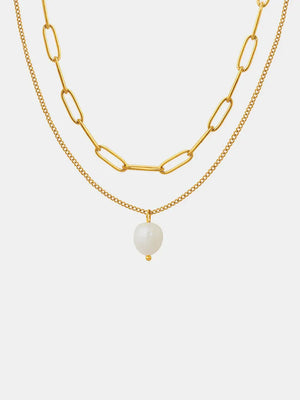 Gold layered necklace with paperclip chain and pearl pendant